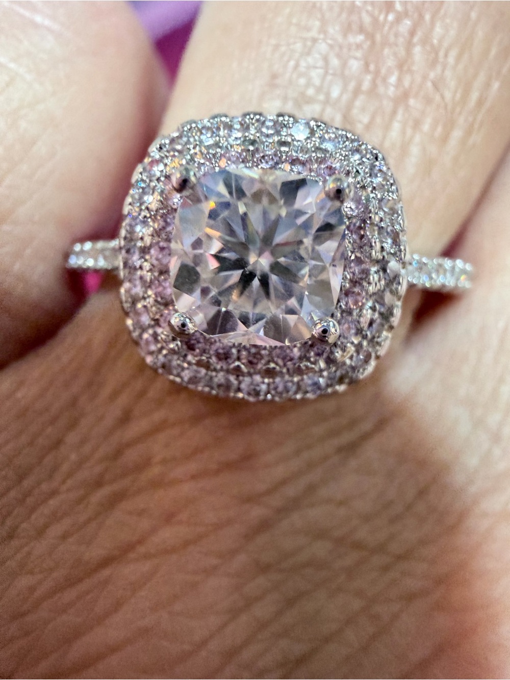 New Moissanite Ring Cushion with shimmering Double Halo and Pave’ Band - Picture 3 of 9